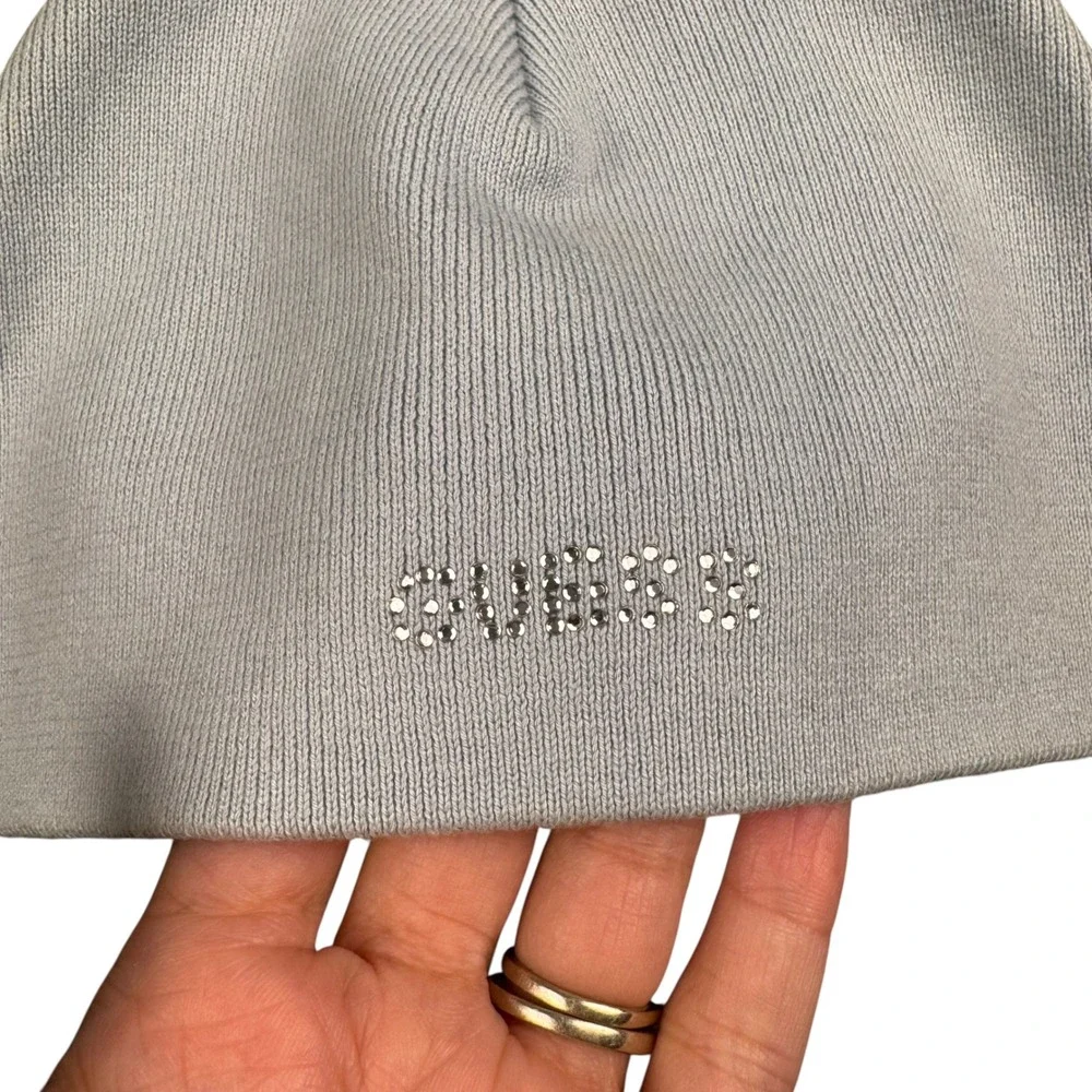 Guess Jeans Light Blue Cotton Knit Rhinestone Logo Beanie Hat One‎ Size 158